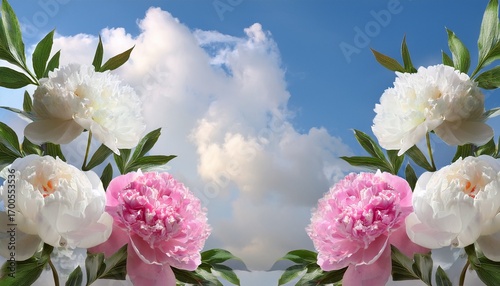 Four Elegant Peonies Two Pink And Two Creamy White Adorned With Eucalyptus Leaves Are Artfully Arranged Against A Soft Cloudy Sky Background