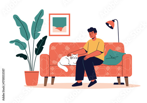 Man sitting on sofa cuddling white cat near potted plant and lamp