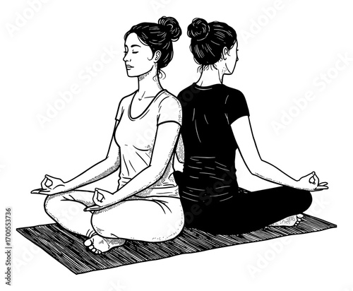 Two Women Meditating Back to Back in Lotus Position on Yoga Mat Modest Black and White Outline Line Art Drawing