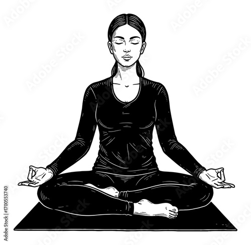 Woman Meditating Lotus Position Yoga Mat Modest Closed Clothing Front View Black and White Outline Line Art Drawing