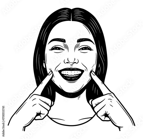 Smiling Woman with Fingers on Cheek Happy Expression Face Cartoon Style Black and White Outline Line Art Drawing