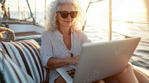 Senior woman sailing laptop lifestyle freedom inspiration