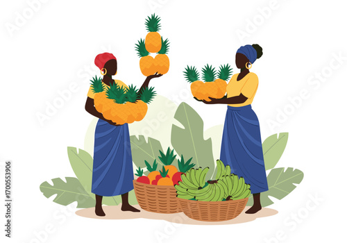 Two women displaying fresh tropical fruits at an outdoor market stand