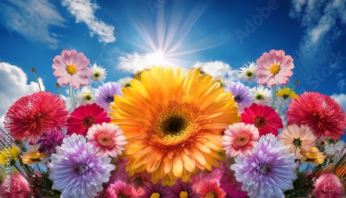 Floral Happiness Theme With Colorful Flowers In Full Bloom Surrounding A Bright Center Against A Blue Sky
