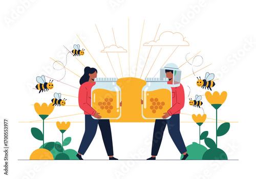 People harvesting honey from nature with bees and yellow flowers