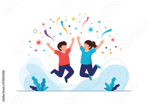 Two happy kids jumping and celebrating with colorful confetti falling around them joyfully