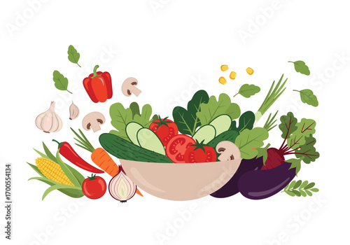 Fresh garden vegetables overflowing from a bowl healthy eating concept food illustration