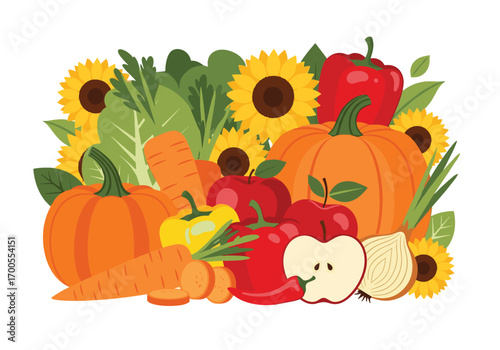 Abundant harvest of seasonal autumn fruits vegetables and flowers for thanksgiving
