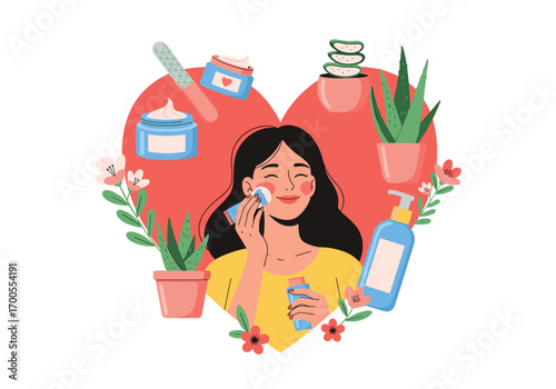 Beautiful woman skincare routine self care beauty products healthy skin habits