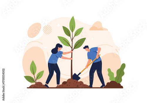 People planting a tree together to promote environmental awareness and sustainability