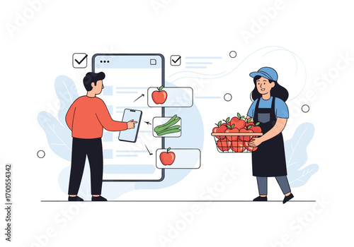 Online grocery ordering system with fresh produce delivery and a helpful vendor