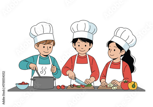 Young chefs learning culinary skills preparing fresh ingredients together in a fun kitchen environment