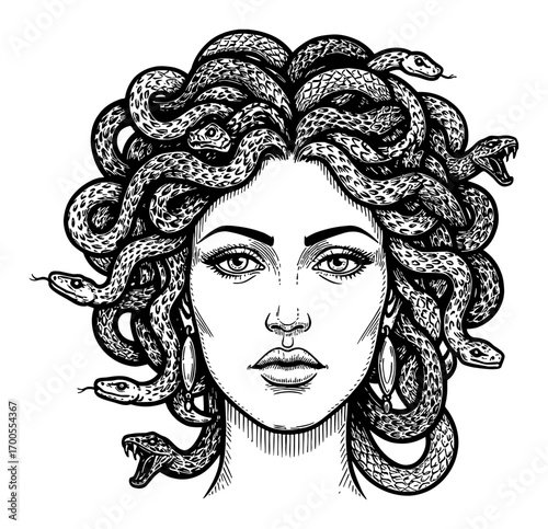 Medusa Portrait with Snakes in Hair Front View Detailed Black and White Outline Line Art Drawing