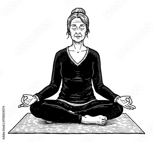 Grandma meditating in lotus position on yoga mat wearing modest clothing front view Black and White Outline Line Art Drawing