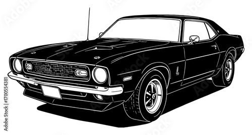 Classic American Muscle Car Front Quarter View Black and White Outline Line Art Drawing Vintage Vehicle