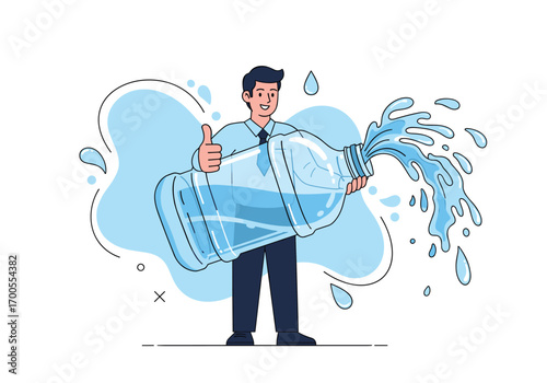 Man holding a giant bottle of water that is spilling out and creating a splash effect