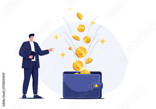 Man demonstrating digital wallet filling with golden coins showing wealth and financial growth