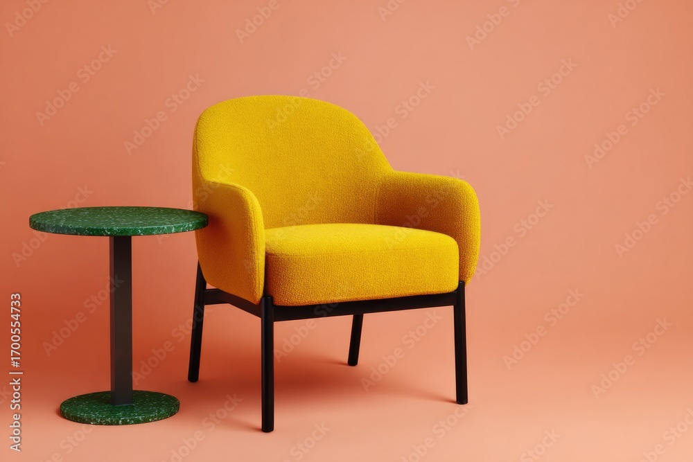 Fototapeta premium Bright yellow armchair paired with green side table against soft