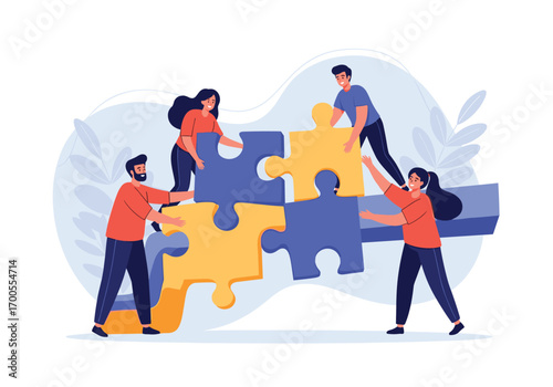 Diverse team members collaborating to solve a complex puzzle together