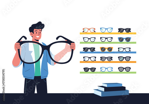 Man holding giant eyeglasses in optometry shop surrounded by shelves of spectacles