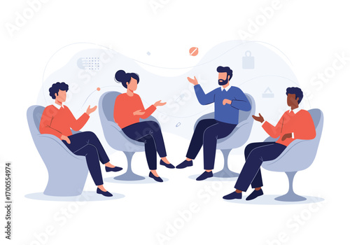 Diverse group of people sitting in chairs discussing ideas and sharing thoughts openly