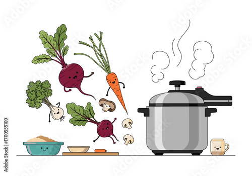 Funny vegetables and mushrooms leap into a steaming pressure cooker for a delicious meal