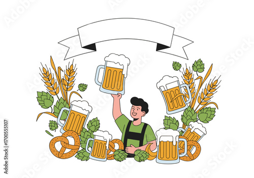 Man with beer mugs and pretzels surrounded by hops and wheat stalks