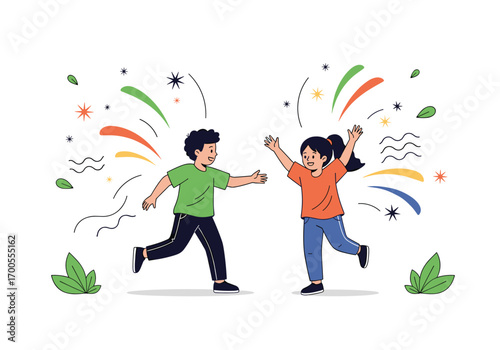 Joyful childhood friends celebrating together with festive fireworks and green leaves decorations