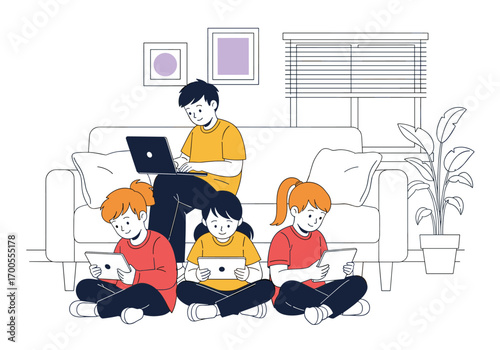 Children and parent learning together with digital devices at home for education