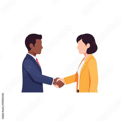 Minimal vector illustration of two business people in a handshake deal, symbolizing partnership and agreement with a flat 2D design on a white background.