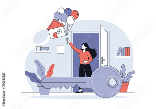 Woman holding a house on balloons standing on a large key near an open door