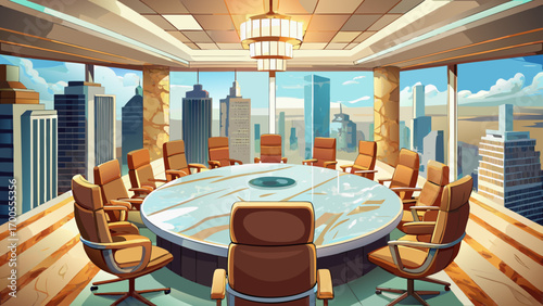 Magnificent 360 panorama of a luxury high-rise boardroom, with a marble-topped table, tan leather chairs, panoramic glass walls, and skyline views, combining exclusivity, power, and breathtaking moder