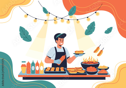 Happy man serving delicious hot dogs and food at a lively outdoor event