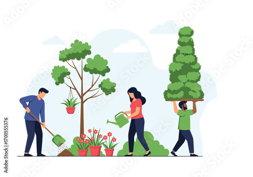 People planting gardening flowers trees and plants together in a green outdoor space creating a lush environment