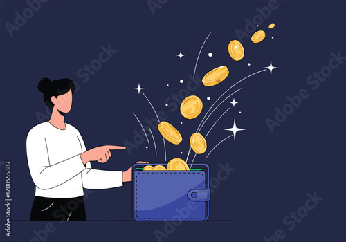 Woman watching coins flowing out of her wallet symbolizing financial growth