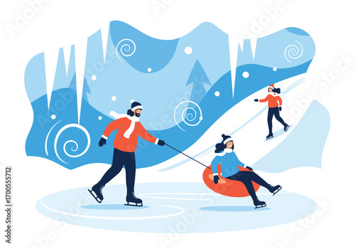 Winter fun family outdoor recreation children playing snow tube ice skating forest background