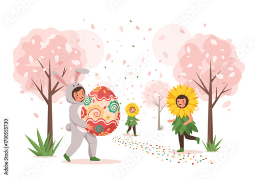 Children in costumes enjoy easter egg hunt celebration during spring festival
