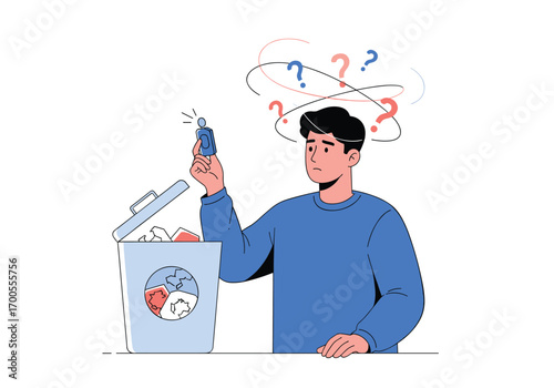 Man confused about disposing of waste and recycling symbol outdoors