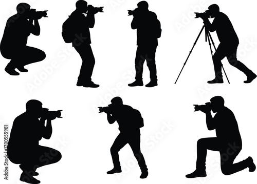 Photographer silhouette illustration set featuring tripod, handheld camera, squatting, kneeling, and leaning poses for creative design and merch