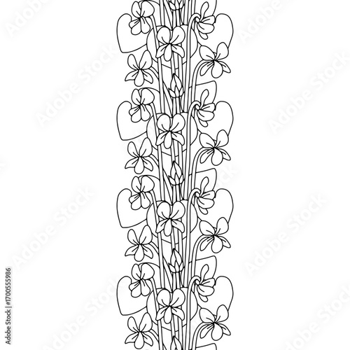 Stripe pattern with black and white line art canary islands flowers blue violet. Floral seamless border with monochrome hand drawn millefleur