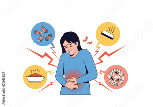 Woman suffering from stomach ache after eating poor quality food causing digestive issues