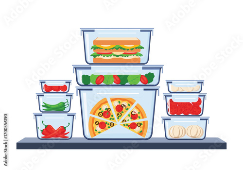 Glass food storage containers organized with fresh ingredients and delicious meals
