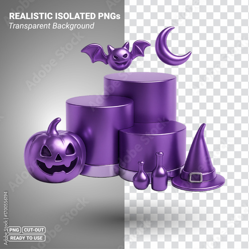 3D Rendered Purple Halloween Podium with Witch Hat, Bat, Moon and Jack-O’-Lantern. Transparent PNG file ready to be used.