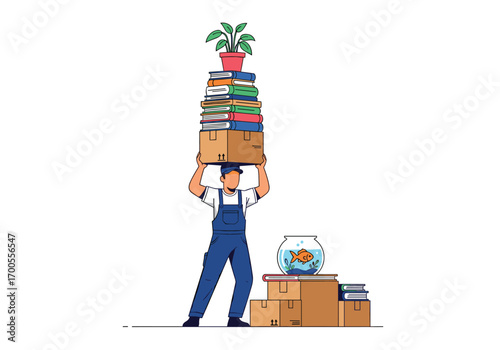 Man carefully balancing stack of boxes plants and fish bowl during household move