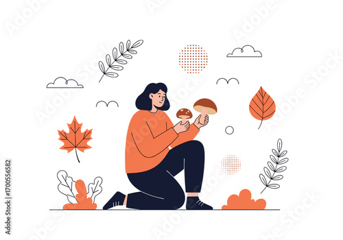 Autumn season mushroom foraging activity for a person with seasonal leaves and plants
