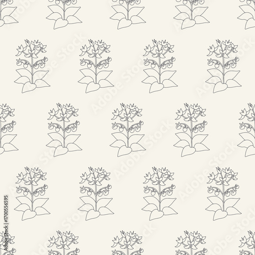 Seamless pattern with black and white canary islands flowers tenerife nightshade in vintage millefleur style