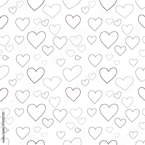 Seamless pattern of hearts in various sizes and line weights on white background, seamless pattern, royalty stock.
