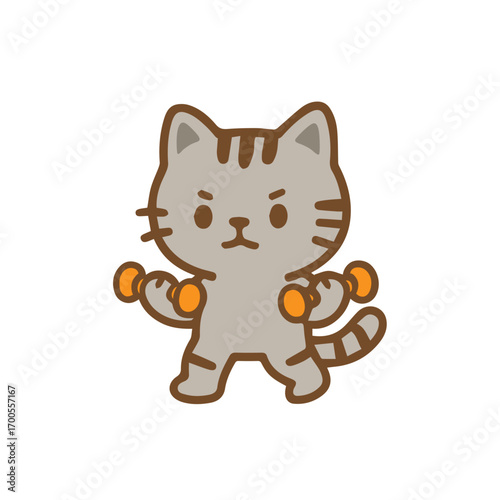 Cute cat lifting weights, working out, fitness, gym, cartoon character