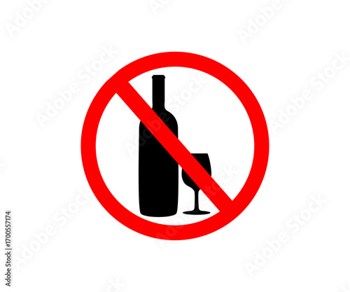 No alcohol sign flat vector, no alcoholic beverages or liquor consumption prohibition icon with glass. Prohibition sign for alcohol vector design and illustration. 
