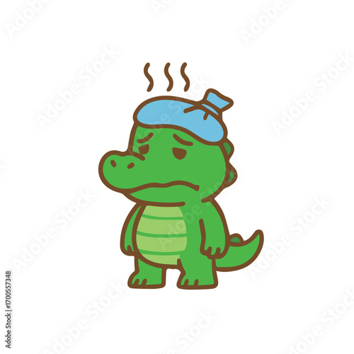 Sick Cartoon Alligator with Ice Pack on Head
